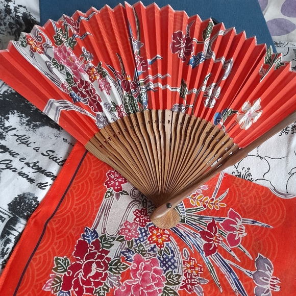 Japanese fan and handkerchief gift set with box, 100 % cotton, vintage. - Picture 2 of 3